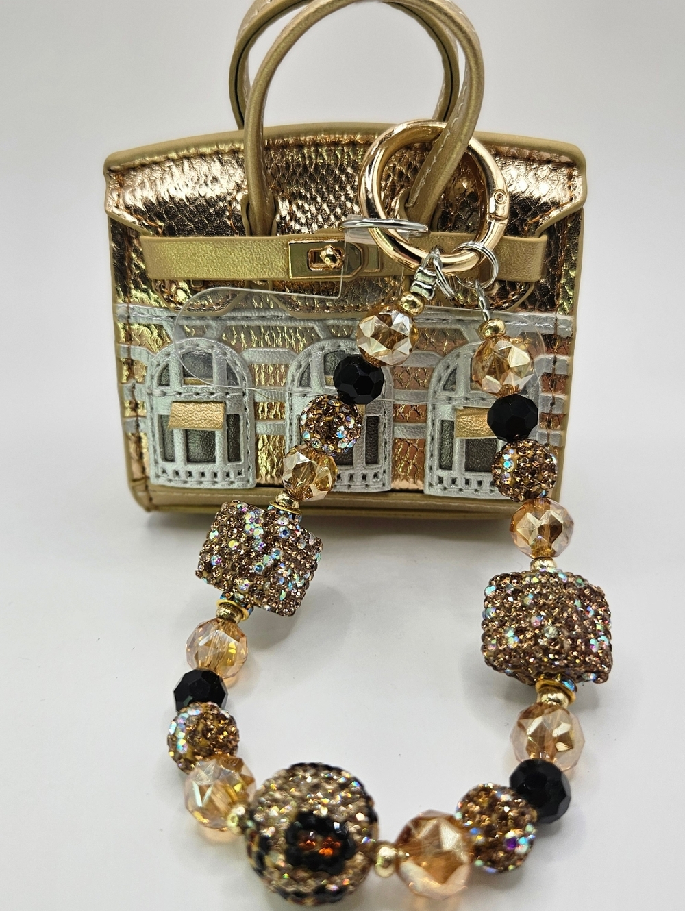 Gold Mini Handbag Charm with Sparkling Beaded Phone Chain